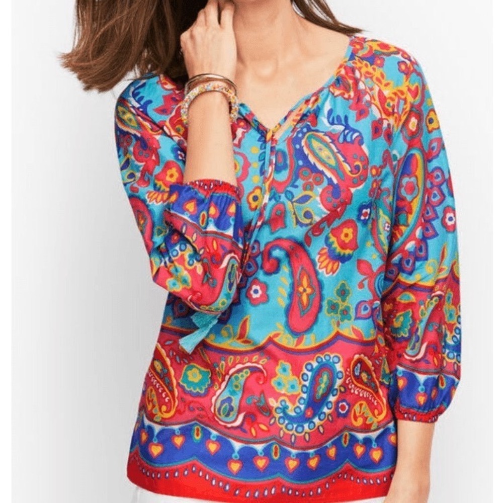 Talbots Paisley Cotton Peasant Blouse Turquoise Pink Boho Tassel Top Large pp